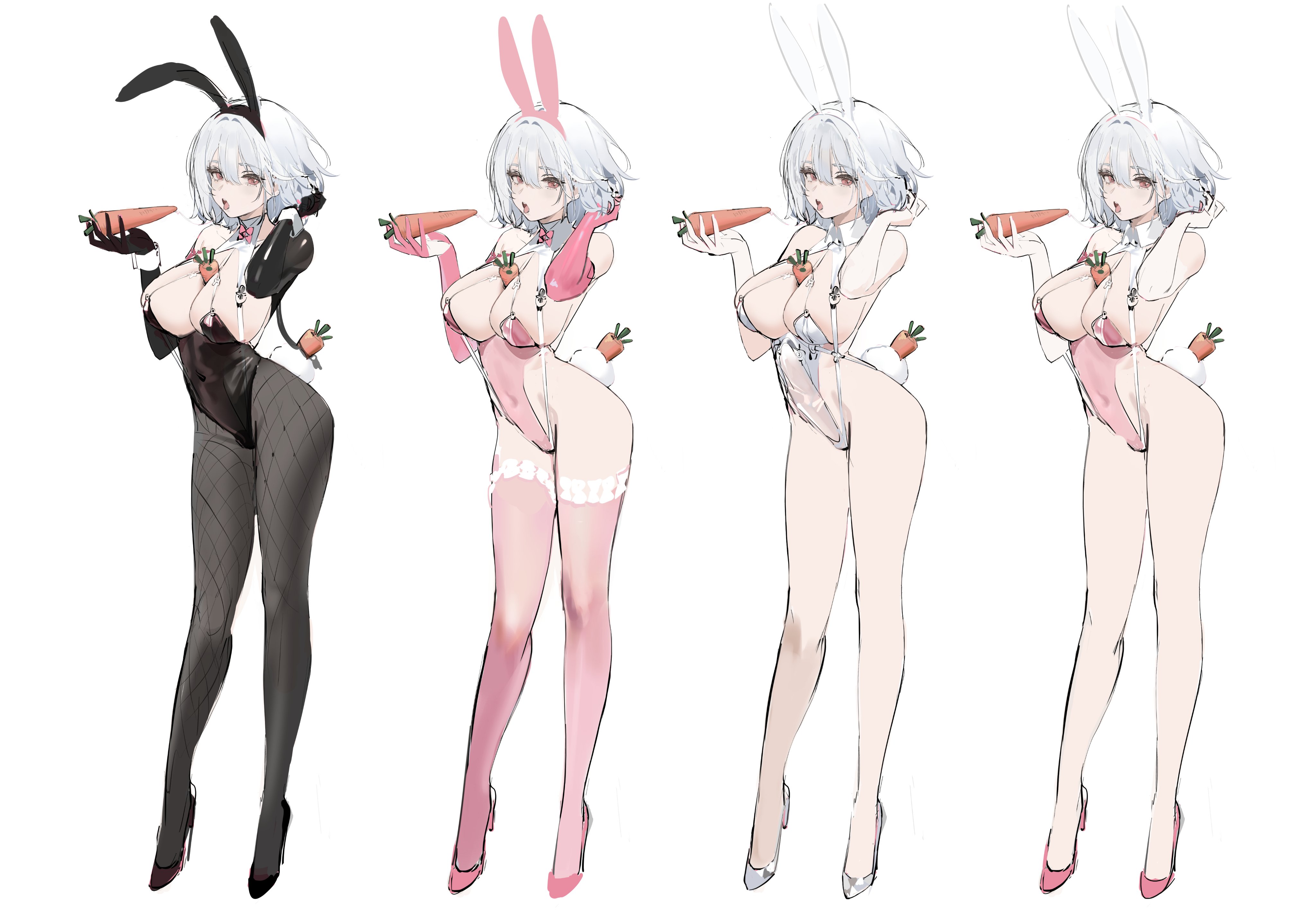 1girl :o absurdres animal_ears azur_lane between_breasts black_footwear black_gloves black_hairband black_leotard black_pantyhose bow breasts carrot concept_art covered_navel elbow_gloves fake_animal_ears fake_tail fishnet_pantyhose fishnets full_body gloves grey_footwear grey_hair grey_leotard hairband high_heels highres holding holding_carrot kincora leotard looking_at_viewer official_alternate_costume open_mouth pantyhose pink_bow pink_eyes pink_gloves pink_hairband pink_leotard pink_shoes pink_thighhighs rabbit_ears rabbit_tail saliva saliva_trail sexually_suggestive shoes simple_background sirius_(azur_lane) sirius_(rabbit_of_paradise)_(azur_lane) standing tail thighhighs tongue tongue_out variations white_background white_hairband