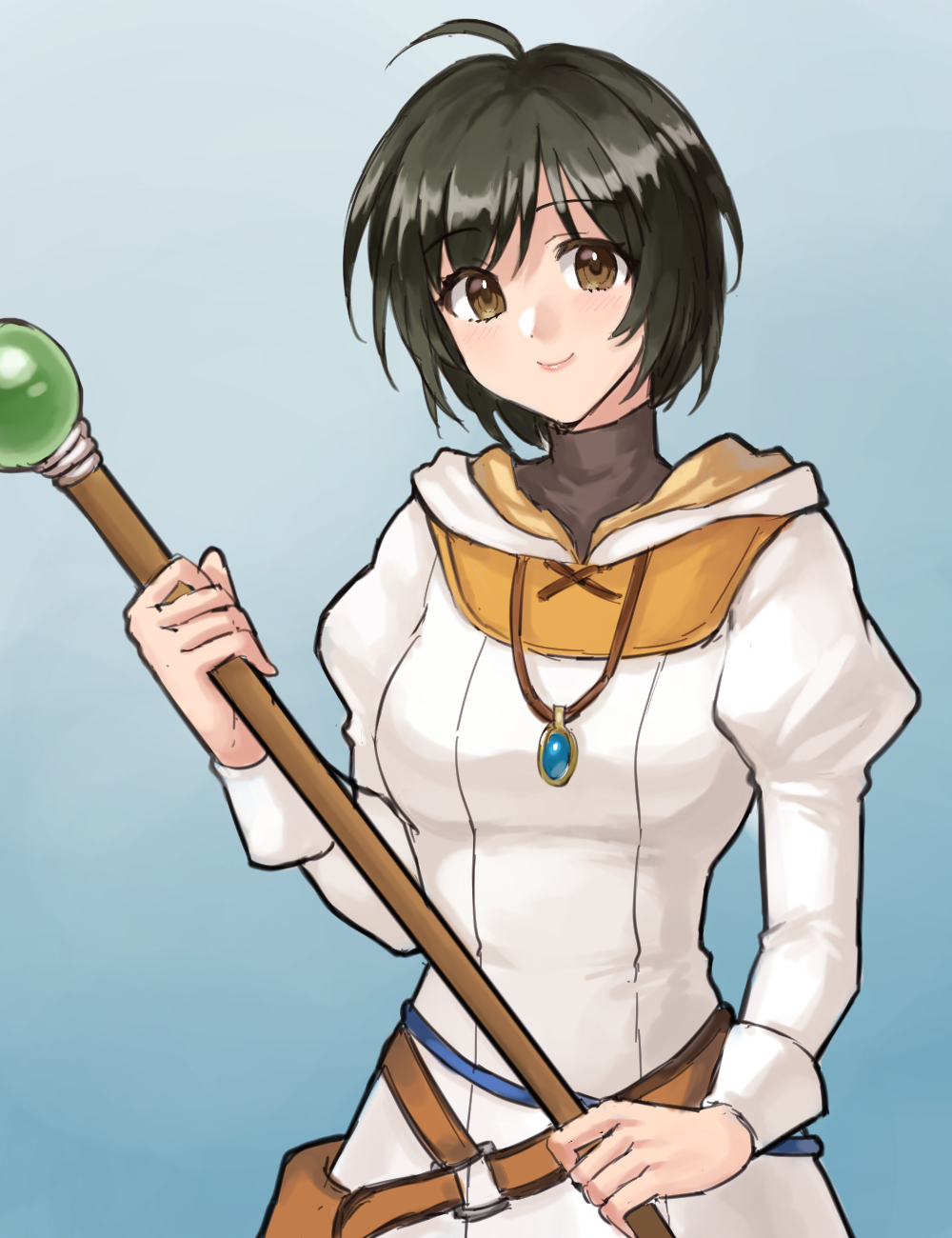 1girl ahoge belt black_hair blue_background brown_belt commentary_request dress fire_emblem fire_emblem:_radiant_dawn grey_eyes hazuki_(nyorosuke) highres holding holding_staff jewelry juliet_sleeves laura_(fire_emblem) long_sleeves looking_at_viewer nintendo pendant puffy_sleeves short_hair smile solo staff upper_body white_dress
