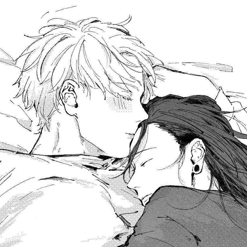 2boys blush close-up closed_eyes couple earrings getou_suguru gojou_satoru greyscale hand_on_another&#039;s_head jewelry jujutsu_kaisen long_hair lying lying_on_person monochrome multiple_boys on_back on_bed pectoral_pillow short_hair sleeping stud_earrings until_death yaoi