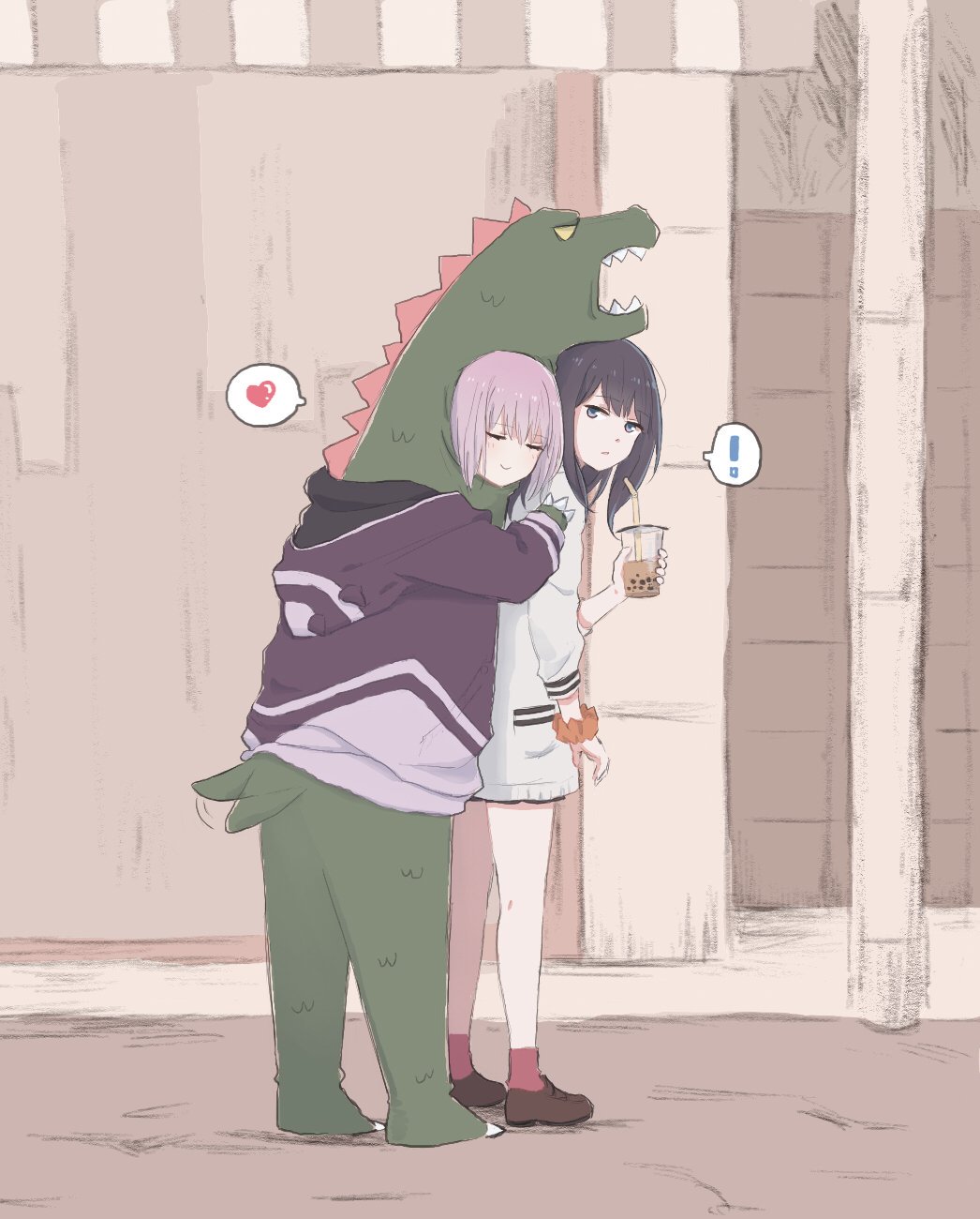 ! 2girls animal_costume black_hair bubble_tea cardigan cup closed_eyes gridman_universe heart highres holding holding_cup hug hug_from_behind jacket long_hair lyy multiple_girls orange_scrunchie pink_hair purple_jacket scrunchie shinjou_akane spoken_exclamation_mark spoken_heart ssss.gridman standing tail tail_wagging takarada_rikka white_cardigan wrist_scrunchie