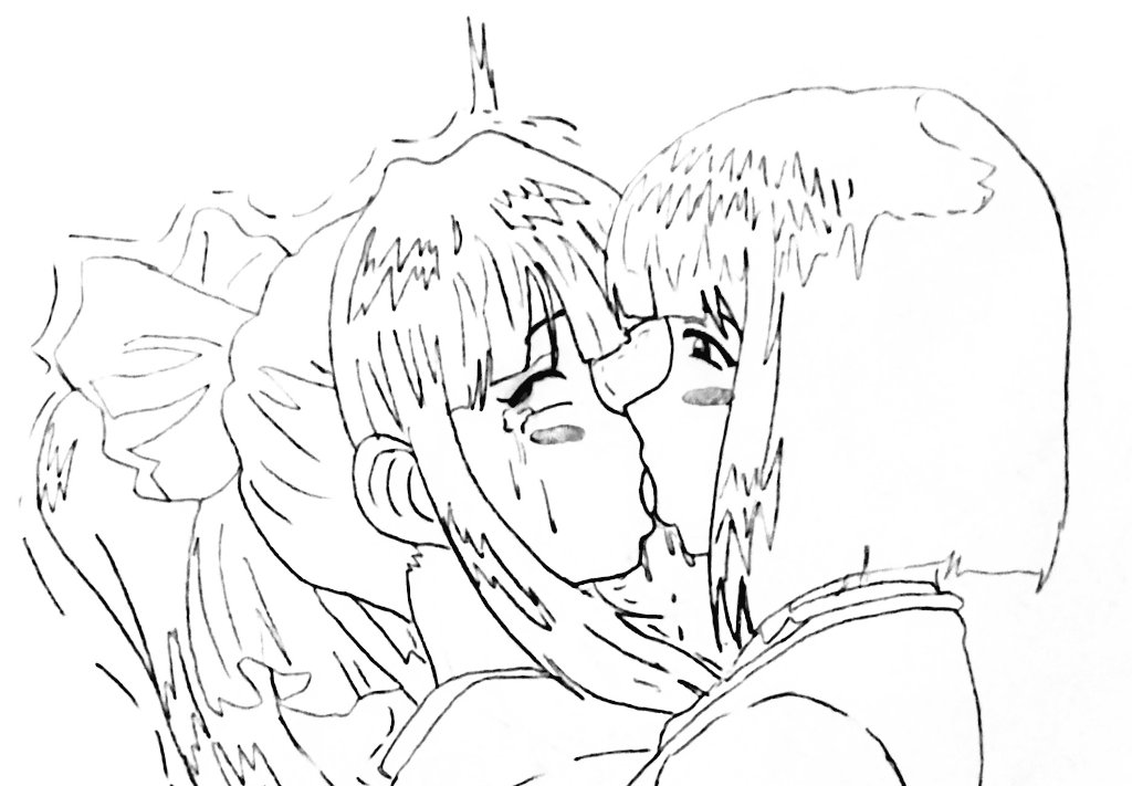 2girls blush french_kiss from_side hair_ribbon japanese_clothes kiss kitaooji_hanabi long_hair monochrome multiple_girls ponytail ribbon rolling_eyes sakura_taisen sega shinguuji_sakura short_hair tears tongue tongue_out traditional_media yuri