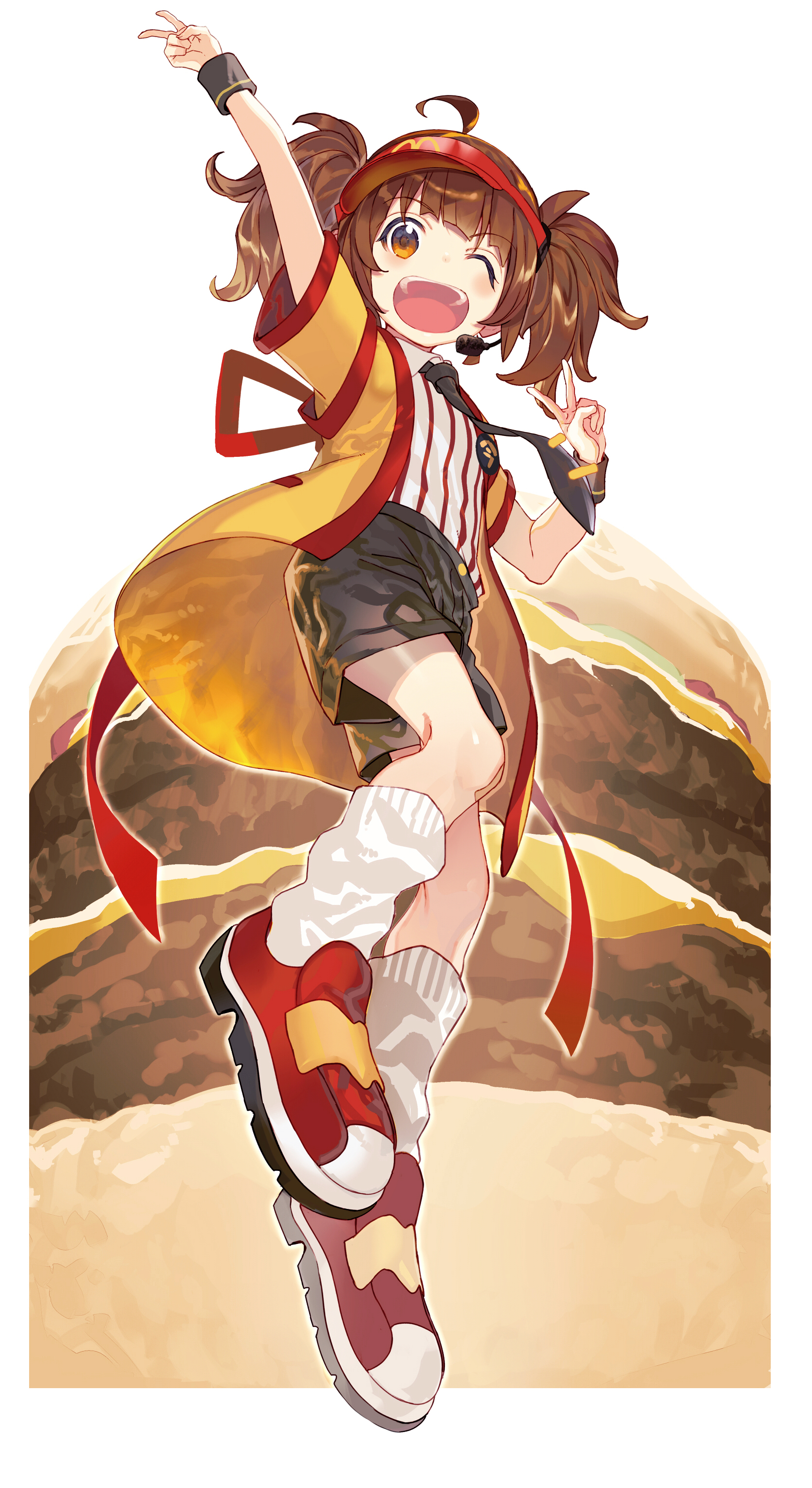 1girl absurdres ahoge arm_up back_bow badge black_shorts border bow brown_hair burger button_badge commentary employee_uniform fast_food_uniform food full_body happi hat headset highres imadake_dabuchi_tabemi japanese_clothes looking_at_viewer loose_socks mcdonald's necktie one_eye_closed open_happi open_mouth red_hat red_shoes shirt shoes shorts sneakers socks solo striped_clothes striped_shirt tasuki thighs tie_clip tsukudani_(ore624) twintails v velcro_footwear visor_cap white_border wristband yellow_happi