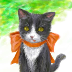 animal_focus black_cat bow cat commentary_request feliciel green_background lowres no_humans orange_bow painterly ragnarok_online realistic wildrose