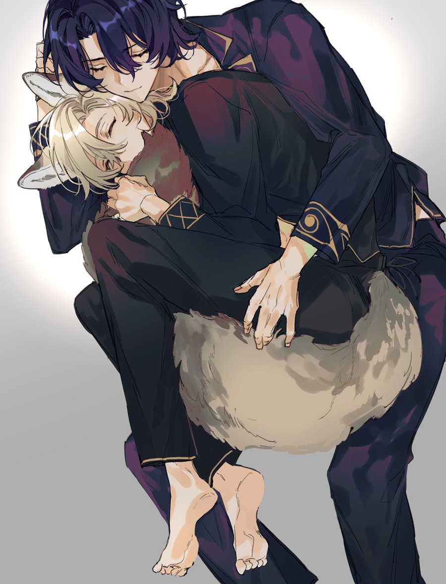 2boys aventurine_(honkai:_star_rail) back_to_the_future barefoot black_pants black_shirt blonde_hair blue_hair closed_eyes cuddling dr._ratio_(honkai:_star_rail) fetal_position fox_boy honkai:_star_rail honkai_(series) hugging_own_tail hugging_tail long_sleeves male_focus midriff_peek multiple_boys pajamas pants rechu2300 shirt short_hair sleeping spooning tail yaoi
