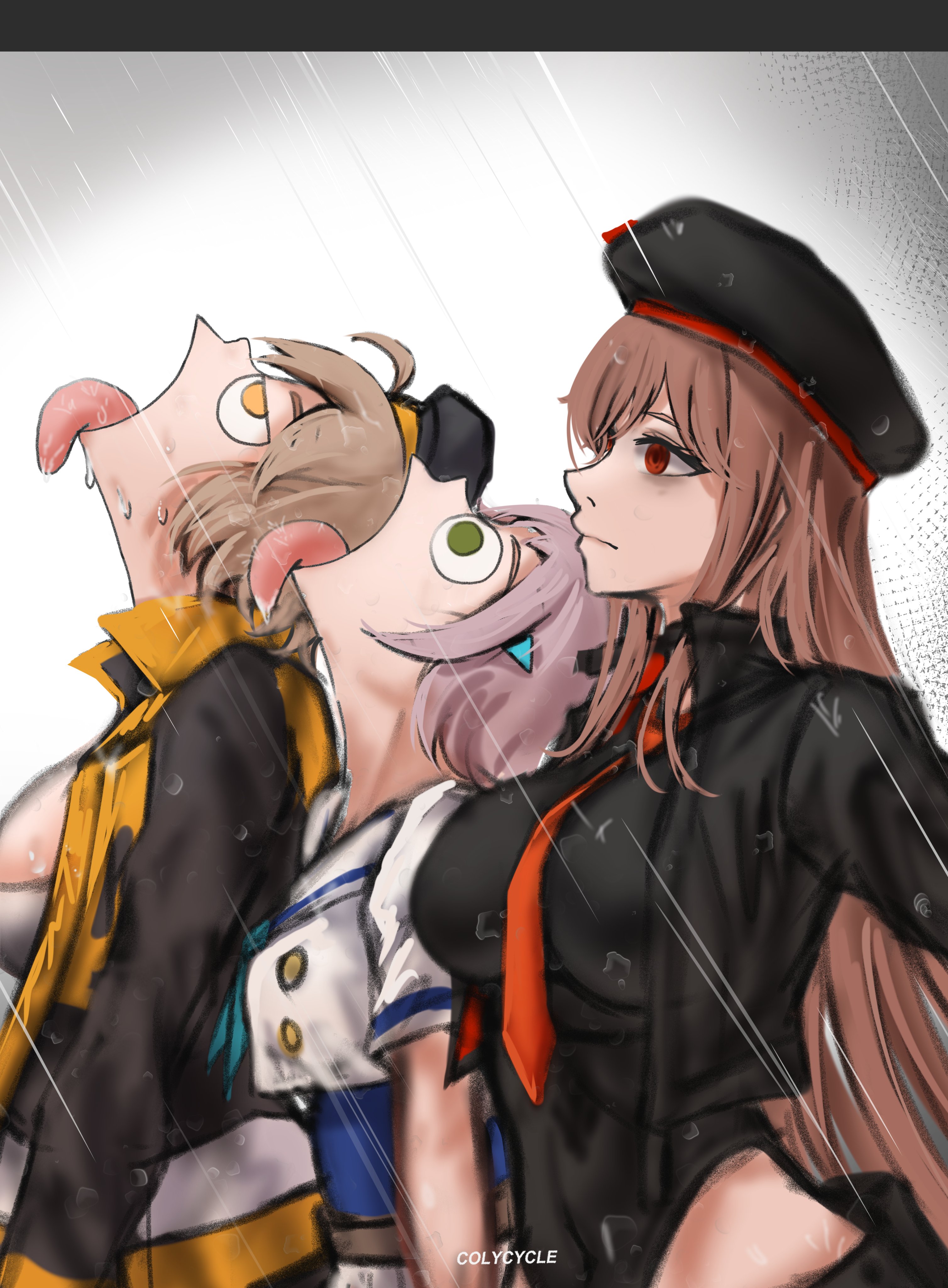 3girls absurdres anis_(nikke) artist_name black_hat black_leotard blonde_hair breasts brown_hair closed_mouth colycycle counters_(nikke) covered_navel goddess_of_victory:_nikke goku_and_vegeta_in_the_rain_(meme) green_eyes hat highres jacket large_breasts leotard looking_up medium_breasts meme multiple_girls necktie neon_(nikke) open_clothes open_jacket open_mouth rain rapi_(nikke) red_eyes red_necktie simple_background tongue tongue_out water_drop white_hair yellow_eyes