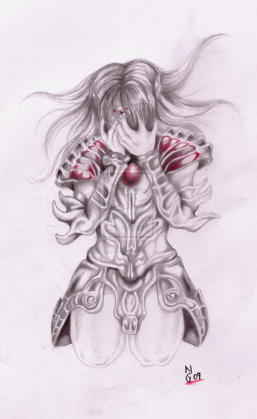 00s 1girl 2009 armor black_hair female_focus headgear highres long_hair rose_(dragoon) signature solo the_legend_of_dragoon white_background