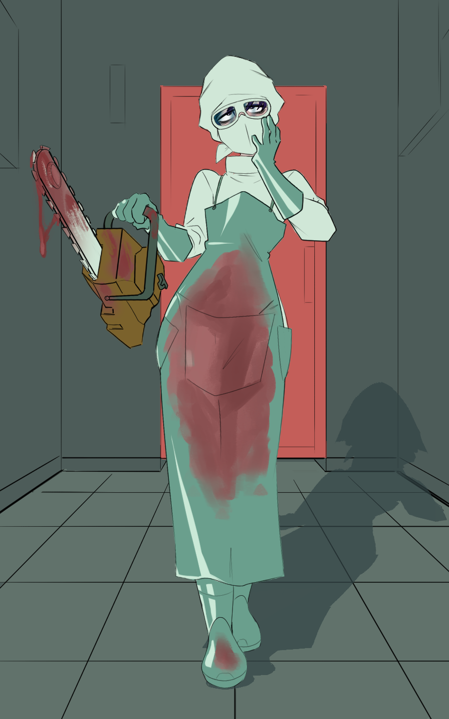 apron black_lagoon blood_on_clothes boots chainsaw frederica_sawyer gloves goggles mouth_mask rubber_boots rubber_gloves surgeon surgical_cap surgical_mask thesquiddycipher