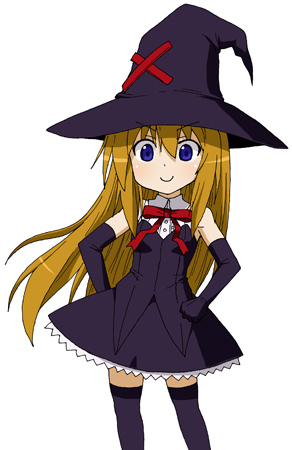 &gt;:) 1girl 2channel bad_source bare_shoulders blonde_hair blue_eyes closed_mouth collared_shirt commentary_request dress_shirt elbow_gloves eyebrows_visible_through_hat gloves hair_between_eyes hands_on_own_hips hat legs_apart long_hair lowres maso_(ascii_art) neck_ribbon purple_gloves purple_hat purple_skirt purple_thighhighs purple_vest red_ribbon ribbon shirt simple_background skirt skirt_set sleeveless sleeveless_shirt smile solo standing thighhighs v-shaped_eyebrows very_long_hair vest white_background white_shirt witch_hat zettai_ryouiki