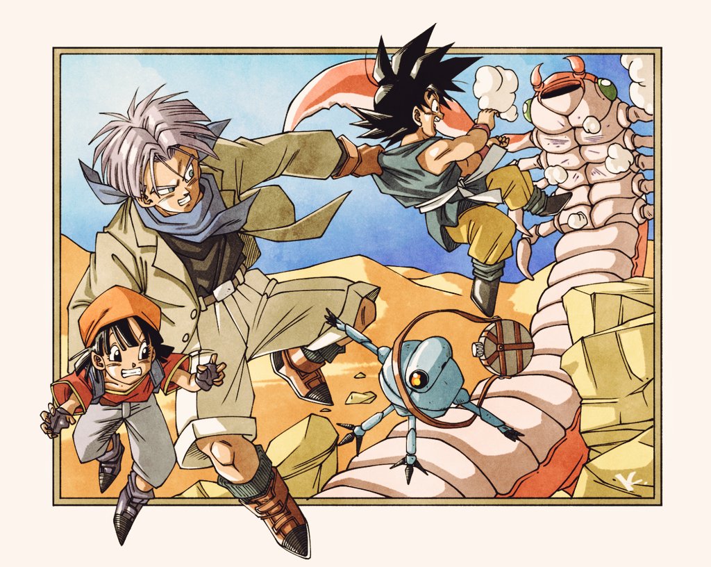 1girl 2boys alternate_costume belt black_footwear black_hair black_shirt blue_neckerchief blue_sky boots brown_jacket brown_pants bug centipede clenched_teeth desert dragon_ball dragon_ball_gt giru_(dragon_ball) holding_canteen initial jacket kakeru_(dbskakeru) multiple_boys neckerchief open_clothes open_jacket pan_(dragon_ball) pants red_shirt robot sand sash shirt short_hair shorts sky sleeveless sleeveless_shirt son_goku spiked_hair teeth toriyama_akira_(style) trunks_(dragon_ball) waist_sash white_sash white_shorts