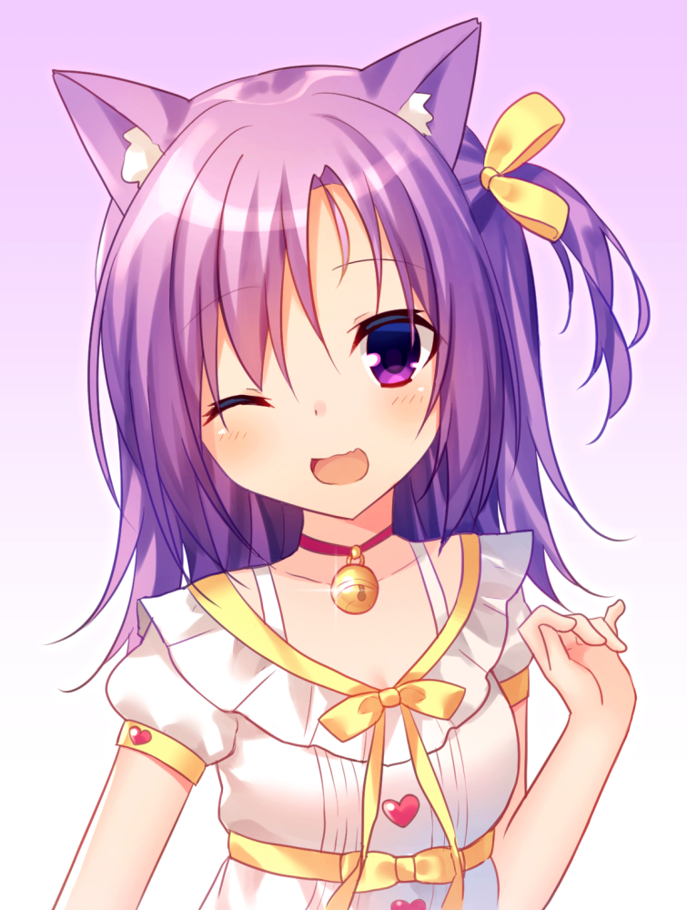 1girl ;d animal_ears bell blush bow cat_ears choker collarbone commentary_request craytm dress female_focus gradient_background hair_between_eyes hair_bow hand_up head_tilt heart jingle_bell long_hair looking_at_viewer neck_bell one_eye_closed one_side_up open_mouth original puffy_short_sleeves puffy_sleeves purple_background purple_eyes purple_hair red_choker short_sleeves smile solo white_background white_dress yellow_bow