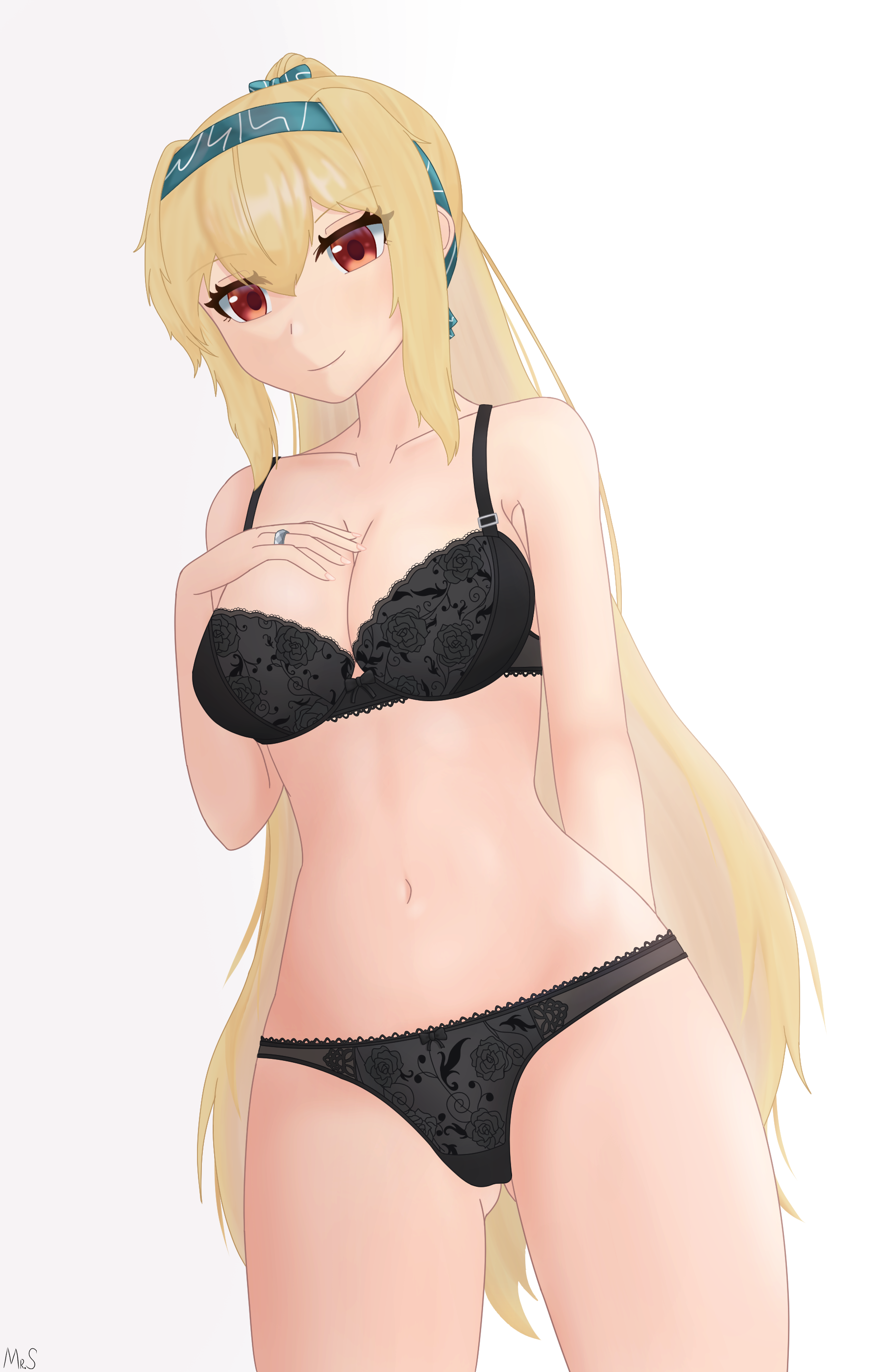 1girl absurdres blonde_hair bra breasts cleavage girls'_frontline gluteal_fold green_hairband green_ribbon hairband hand_on_own_chest highres jewelry lace lace-trimmed_bra lace-trimmed_panties lace_trim lingerie long_hair looking_at_viewer medium_breasts mr.something panties red_eyes ribbon ring solo sv-98_(girls'_frontline) underwear