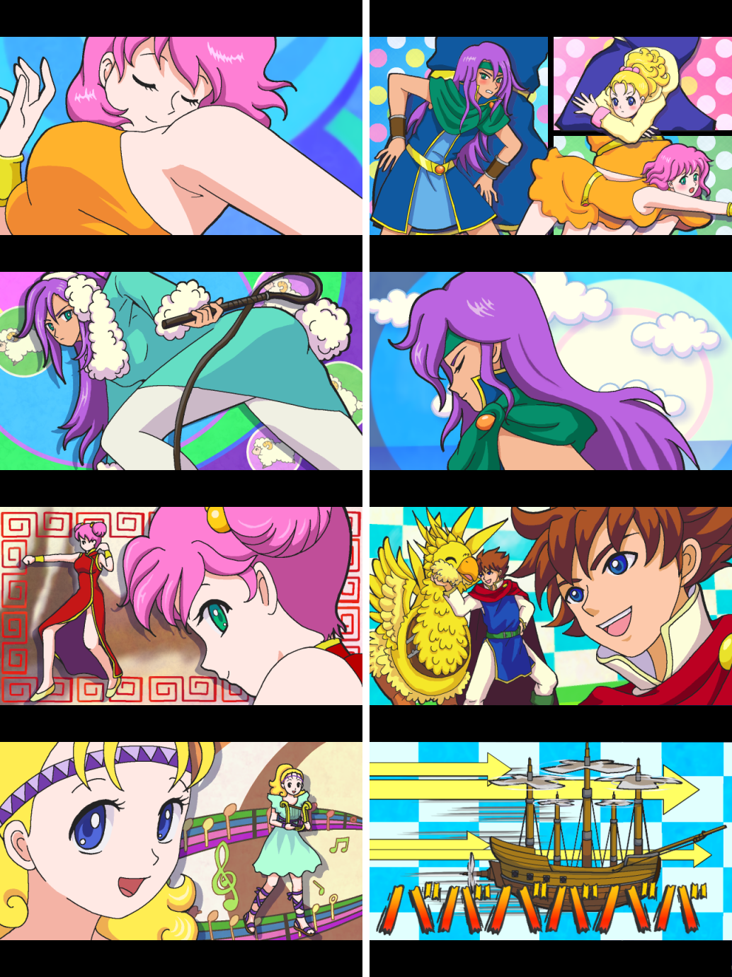 1boy 3girls aircraft airship arrow_(symbol) bard_(final_fantasy) beastmaster_(final_fantasy) blonde_hair blue_eyes blush boco bracelet bartz_klauser cape china_dress chinese_clothes chobobo chocobo cutie_honey double_bun dress faris_scherwiz final_fantasy final_fantasy_v geomancer green_eyes hairband harp highres instrument jewelry krile_mayer_baldesion_(ff5) lenna_charlotte_tycoon letterboxed long_hair monk monk_(final_fantasy) multiple_girls musical_note orange_shirt parody pink_hair ponytail purple_hair re:_cutie_honey sheep shirt short_hair whip zu-_(hana_kirin)