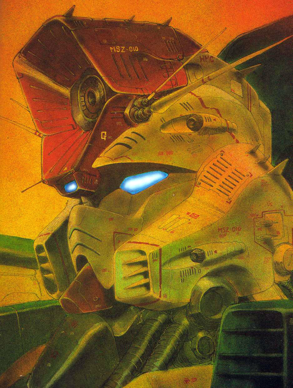 1980s_(style) aeug artist_request beam_cannon blue_eyes character_name concept_art energy_cannon glowing glowing_eyes gundam gundam_zz highres machinery mecha mecha_focus mobile_suit official_art oldschool production_art realistic retro_artstyle robot scan science_fiction traditional_media v-fin zz_gundam