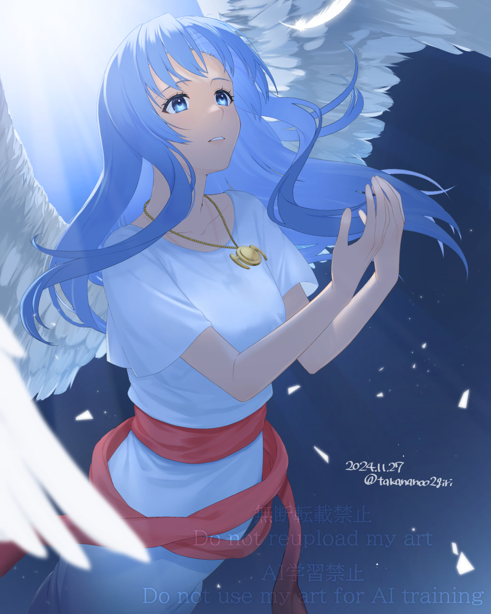 1girl ancient_ys_vanished angel_wings arms_up artist_name blue_eyes blue_hair commentary_request dated eyelashes feena_(ys) highres jewelry long_hair necklace parted_lips shirt solo takananoo2giri watermark white_shirt wings ys