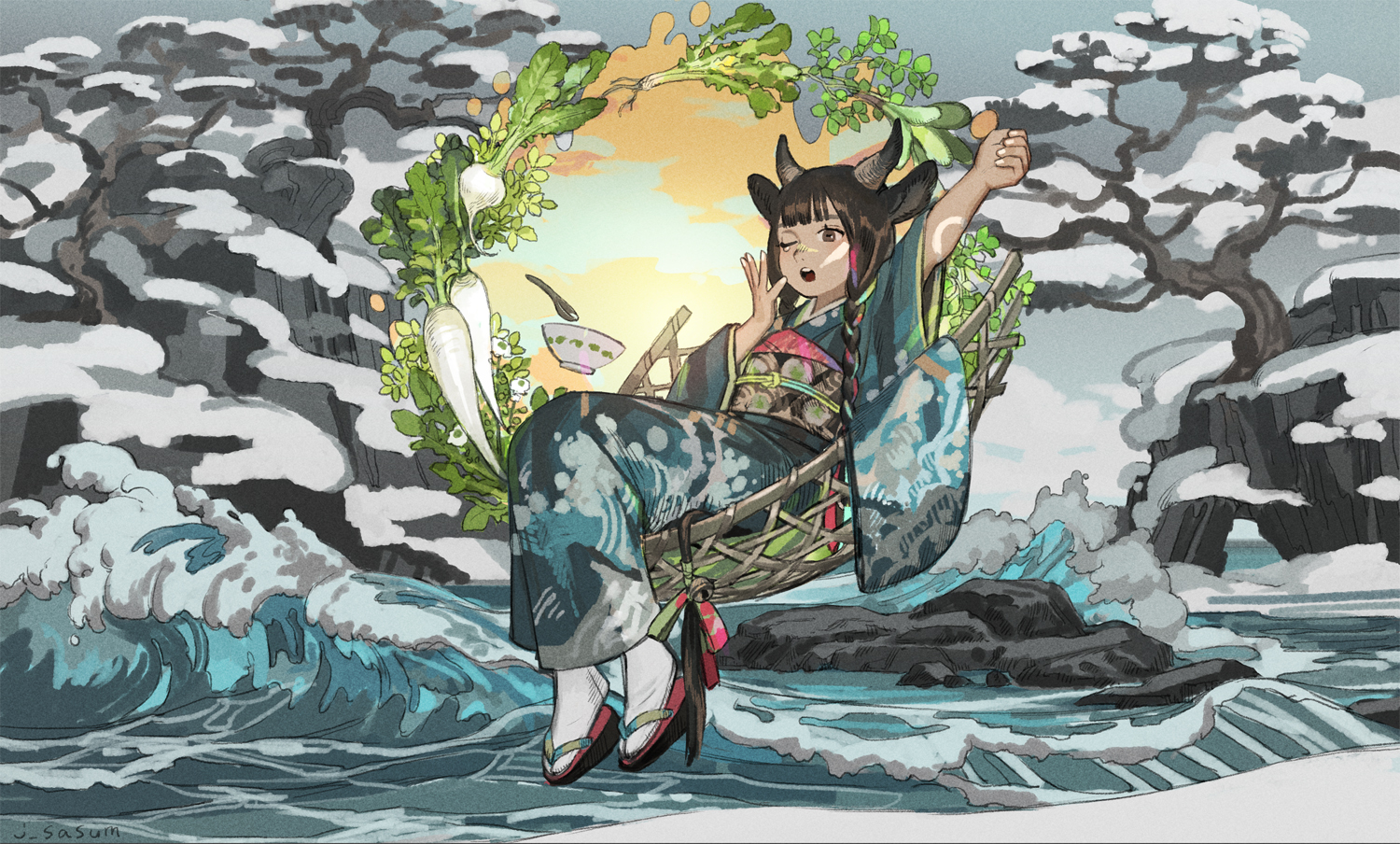 1girl animal_ears arm_up artist_name basket blue_background blue_kimono body_markings bowl braid brown_eyes brown_hair brown_horns chinese_spoon chinese_zodiac cloud cow_ears cow_girl cow_horns cow_tail daikon dark-skinned_male dark_skin food full_body grey_socks hand_up horns japanese_clothes kimono long_hair long_sleeves looking_at_viewer obi obiage obijime one_eye_closed open_mouth original outdoors radish ribbon ribbon_braid rock sandals sash sasumata_jirou sitting snow socks solo spoon stretching tabi tail tail_ornament tail_ribbon teardrop tree twin_braids twitter_username vegetable water waves wide_sleeves yawning year_of_the_ox zouri