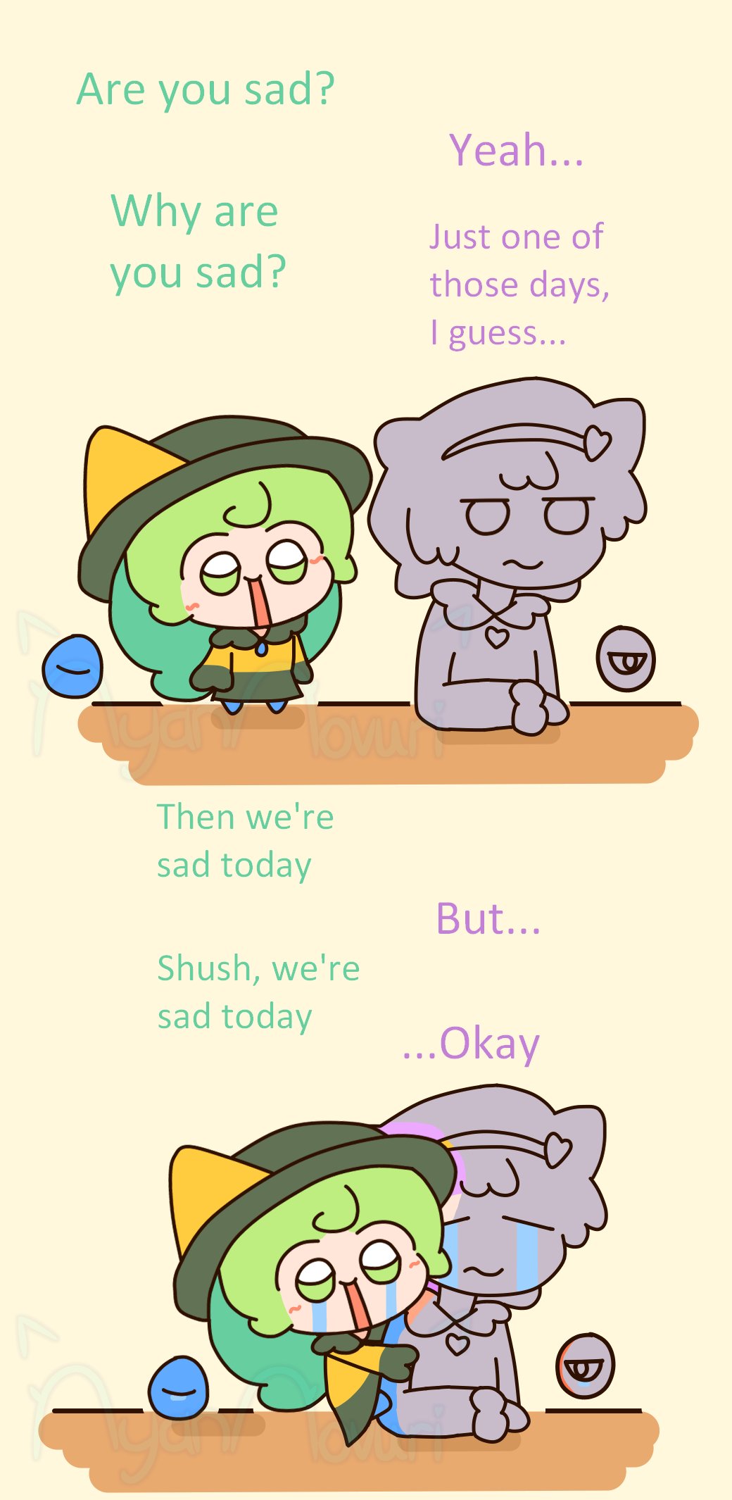 2girls :s commentary crying english_commentary english_text green_eyes green_hair highres komeiji_koishi komeiji_satori multiple_girls numenoko_(style) nyannovuri siblings simple_background sisters tan_tan_pou third_eye touhou yellow_background