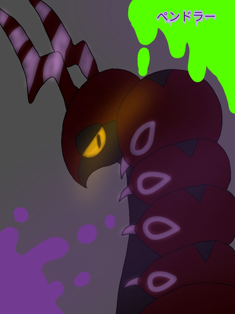 antennae bug centipede character_name colored_sclera colored_skin creatures_(company) game_freak gen_5_pokemon glowing glowing_eyes grey_skin horns millipede msre2457 multicolored_skin nintendo no_humans pokemon purple_skin scolipede solo two-tone_skin yellow_sclera
