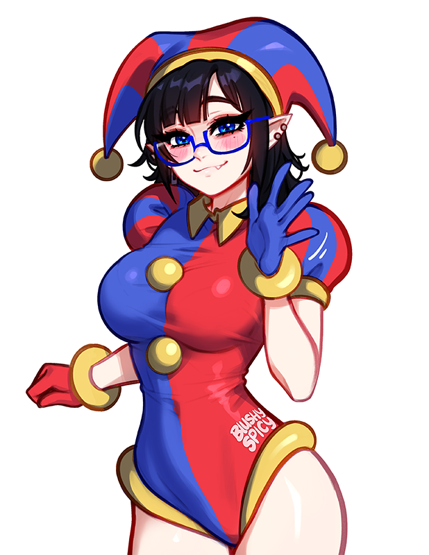1girl black_hair blue-framed_eyewear blue_eyes blushyspicy breasts cosplay cowboy_shot earrings fang glasses gloves hat jester jester_cap jester_costume jewelry large_breasts leotard looking_at_viewer mole mole_under_eye multicolored_leotard office_workers_(blushyspicy) pointy_ears pomni_(the_amazing_digital_circus) pomni_(the_amazing_digital_circus)_(cosplay) semi-rimless_eyewear smile solo the_amazing_digital_circus two-tone_leotard under-rim_eyewear vampire vivian_seong_(blushyspicy)