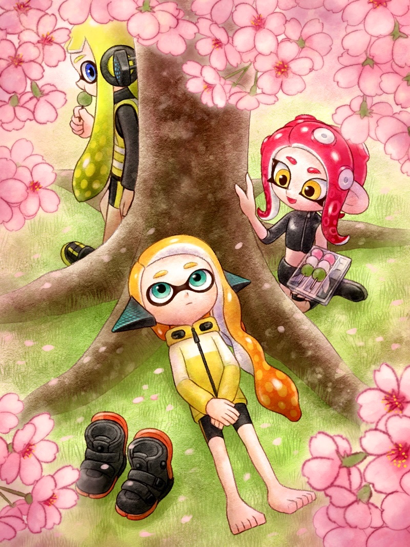 3girls agent_3_(splatoon) agent_4_(splatoon) agent_8_(splatoon) aqua_eyes barefoot behind-the-head_headphones bike_shorts black_footwear black_jacket black_shirt black_shorts black_skirt blonde_hair boots cherry_blossoms closed_mouth commentary_request crop_top dango eating falling_petals flat_chest food full_body green_hair headphones high-visibility_clothing high-visibility_vest holding holding_food inkling jacket kneeling long_hair long_sleeves looking_at_another lying medium_hair midriff miniskirt multiple_girls mustard_pudding nintendo octoling on_back on_grass open_mouth outdoors parted_bangs pencil_skirt petals purple_eyes red_hair sanshoku_dango shirt shorts single_sleeve skirt smile splatoon_(series) squidbeak_splatoon tentacle_hair thigh_strap tree unworn_footwear wagashi wavy_hair yellow_eyes yellow_jacket