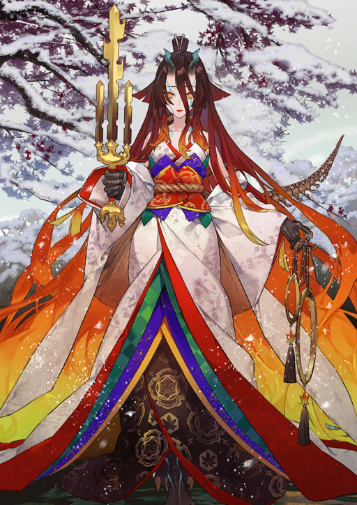 1girl absurdly_long_hair animal_feet animal_hands beads blonde_hair brown_hair claws closed_mouth detached_sleeves dinosaur_girl dinosaur_tail expressionless facial_mark fate/grand_order fate_(series) foot_out_of_frame game_cg gradient_hair hair_between_eyes hair_bun hair_flaps hand_up holding holding_weapon horns japanese_clothes kijo_kouyou_(fate) kijo_kouyou_(third_ascension)_(fate) kimono layered_kimono leaf legs_together long_hair long_hair_between_eyes long_sidelocks long_sleeves looking_at_viewer maple_leaf multicolored_hair noco_(adamas) official_art orange_hair outstretched_arm red_lips red_sash rope_belt sash sidelocks skeletal_tail sleeveless sleeveless_kimono slit_pupils snow snowing solo standing strapless_kimono tail tassel third-party_source variant_set very_long_hair weapon weapon_request white_kimono wide_sleeves yellow_eyes