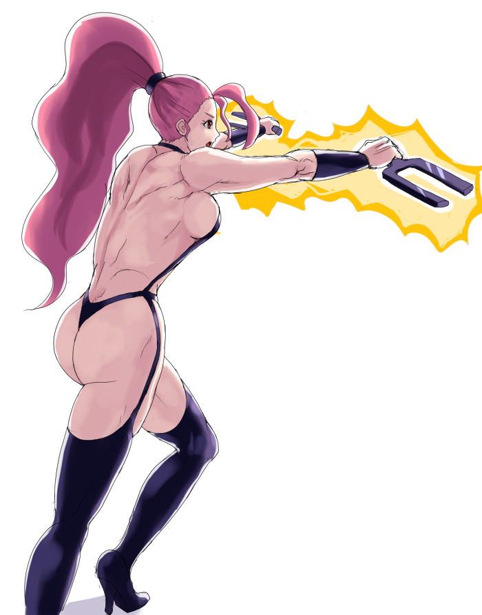 1girl 78_(tky8) ass back bare_back bare_shoulders bikini boots breasts capcom captain_commando carol_(captain_commando) cleavage fork hairband high_heels holding holding_fork holding_weapon large_breasts long_hair muscular muscular_female open_mouth pink_eyes pink_hair ponytail shadow sideboob simple_background solo standing swimsuit thigh_boots weapon white_background