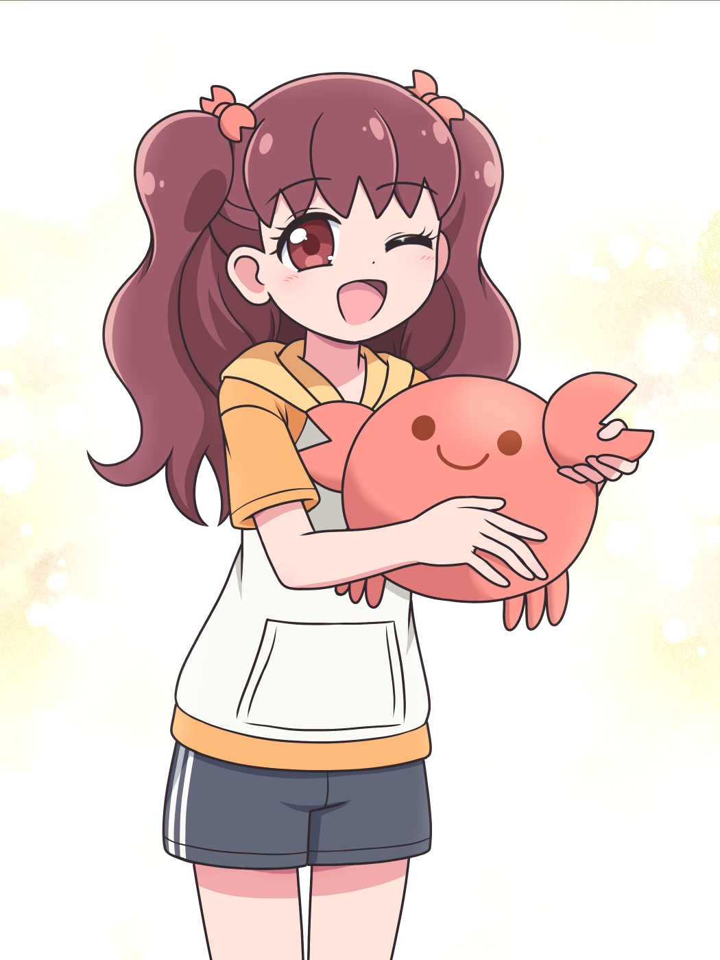 1girl ;d alternate_costume bare_legs black_shorts blush bow casual commentary cowboy_shot crab dot_nose gradient_background hair_bow hair_ornament hands_up highres holding holding_stuffed_toy hood hoodie kanie_(precure) kato-shun long_hair looking_at_viewer one_eye_closed open_mouth orange_bow orange_hoodie precure red_eyes red_hair short_sleeves shorts smile solo striped_clothes striped_shorts stuffed_crab stuffed_toy twintails two-tone_hoodie vertical-striped_clothes vertical-striped_shorts white_background white_hoodie wonderful_precure! yellow_background