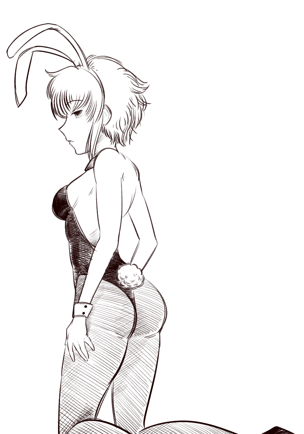 1girl animal_ears ass backless_leotard bare_shoulders black_lagoon boa_(brianoa) breasts closed_mouth detached_collar fake_animal_ears feet_out_of_frame frederica_sawyer greyscale highres kneeling leotard looking_at_viewer looking_to_the_side monochrome pantyhose playboy_bunny rabbit_ears rabbit_tail short_hair simple_background small_breasts solo strapless strapless_leotard tail white_background