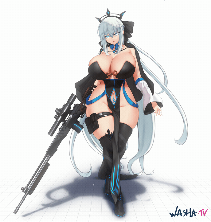 1girl adapted_costume alternate_breast_size_(larger) animated animated_gif artist_name aster_crowley asymmetrical_legwear bare_hips black_boots black_bow black_cape black_dress black_gloves black_tiara blinking blue_choker blue_eyes blue_trim boots bouncing_breasts bow bow_choker braid breasts cape cape_clasp choker cleavage clothing_cutout collared_cape commentary crossed_legs curvy detached_sleeves dragunov_svd dress english_commentary fate/apocrypha fate/grand_order fate_(series) full_body gloves glowing glowing_gun_barrel glowing_weapon goddess_of_victory:_nikke grey_hair grid groin gun hair_bow half_gloves half_up_braid high_heels highleg highleg_dress holding holding_gun holding_weapon huge_breasts long_hair long_sleeves looking_at_viewer looping_animation magazine_(weapon) morgan_le_fay_(fate) morgan_le_fay_(third_ascension)_(fate) navel navel_cutout no_panties parody parted_lips pelvic_curtain ponytail pouch pubic_tattoo rifle scope shadow sideless_dress sidelocks simple_background single_glove single_half_glove single_sleeve sniper_rifle solo spikes super_highleg swinging_arm tattoo thick_thighs thigh_boots thigh_pouch thigh_strap thighs tiara train_(clothing) trigger_discipline uneven_legwear very_long_hair walking walking_towards_viewer washa_animations watson_cross weapon white_background white_sleeves wide_hips wide_sleeves