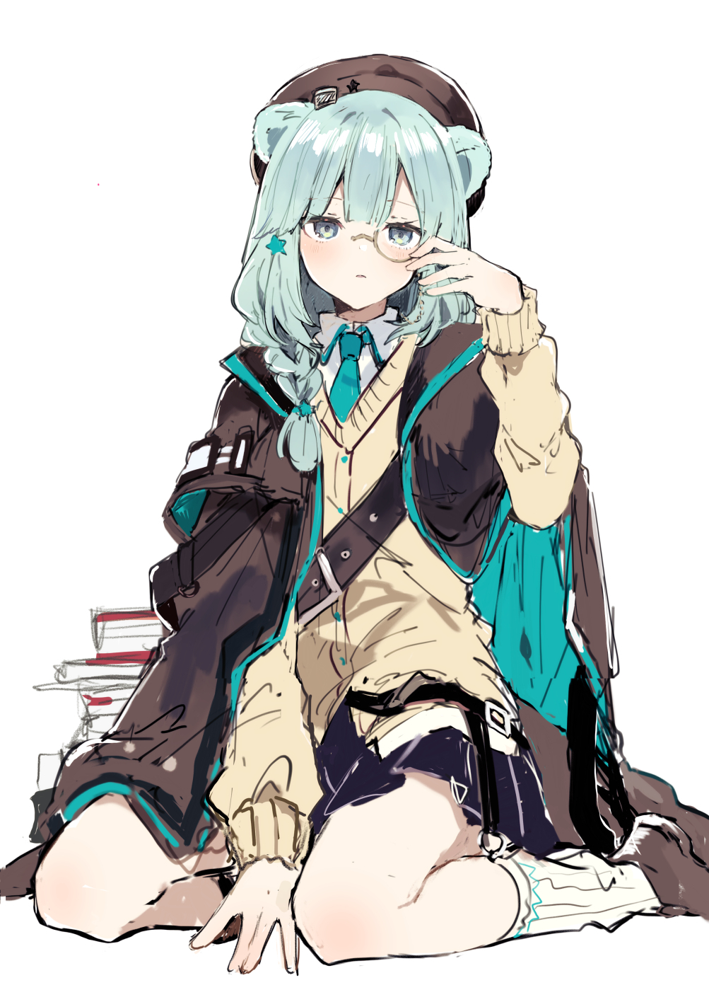 1girl animal_ears arknights bear_ears beret between_legs black_cloak black_skirt blue_eyes blue_hair blue_necktie book book_stack braid brown_cardigan brown_hat brown_shoes cardigan cloak collared_shirt hair_over_shoulder hand_between_legs hand_up hat highres ikeuchi_tanuma istina_(arknights) loafers long_hair long_sleeves necktie pleated_skirt puffy_long_sleeves puffy_sleeves shirt shoes simple_background single_braid sitting sketch skirt socks solo white_background white_shirt white_socks