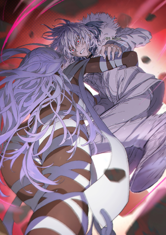 1boy 1girl accelerator_(toaru_majutsu_no_index) albino ambiguous_gender androgynous angry arrow_print ass bandages butt_crack clenched_teeth dark-skinned_female dark_skin diagonal_stripes fighting fighting_stance floating_hair from_below fur-trimmed_jacket fur_trim glowing glowing_eyes hood hood_down jacket long_hair looking_at_another motion_blur motion_lines mummy naked_bandage nephtys pale_skin pants red_background red_eyes s_m_831 sanpaku signature striped teeth toaru_majutsu_no_index undead white_footwear white_hair white_jacket white_pants