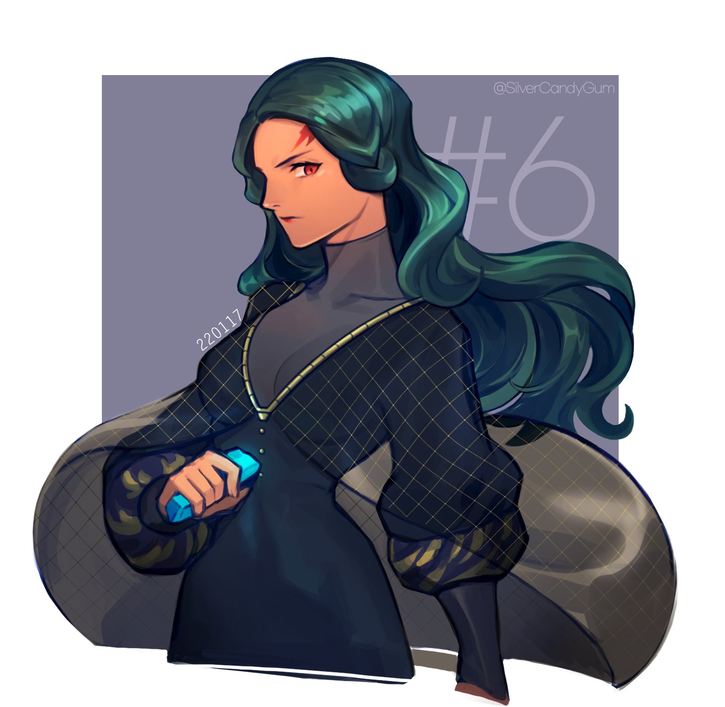 1girl almedha_(fire_emblem) black_hair breasts closed_mouth colored_skin facial_mark fire_emblem fire_emblem:_radiant_dawn highres holding large_breasts long_hair looking_at_viewer nintendo orange_skin red_eyes silvercandy_gum simple_background turtleneck upper_body
