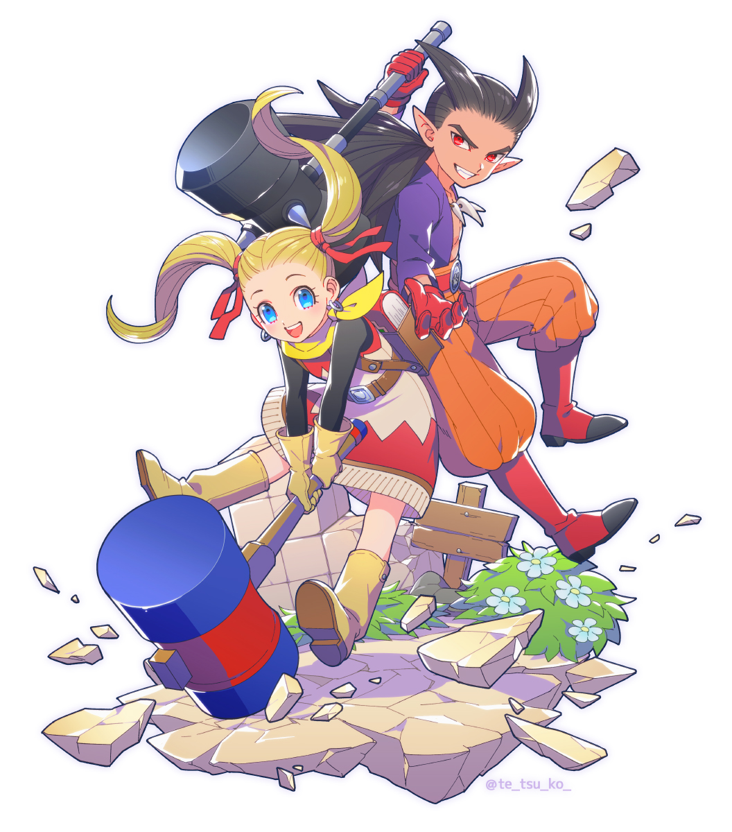 1boy 1girl :d backpack bag belt black_hair blonde_hair blue_eyes book boots dragon_quest dragon_quest_builders_2 dress earrings female_builder_(dqb2) flower fringe_trim full_body gloves grin hair_ribbon hammer highres holding holding_hammer jewelry left-handed long_hair looking_at_viewer necklace open_mouth orange_pants pants pointy_ears ponytail purple_shirt red_eyes red_footwear red_gloves red_ribbon ribbon scarf shirt sidoh_(dqb2) simple_background smile tetsukuzu_tetsuko tooth_necklace twintails twitter_username white_background yellow_boots yellow_scarf