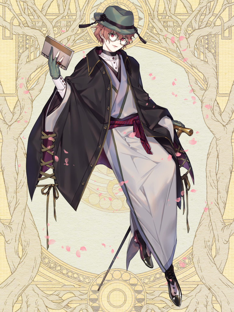 1boy black_cloak black_shoes book cane cloak cross-laced_clothes dairoku_ryouhei dress_shirt falling_petals fedora full_body glasses gloves green_gloves green_hat grey_kimono hair_between_eyes hand_up hat hat_tassel holding holding_book holding_cane invisible_chair japanese_clothes kimono long_sleeves looking_at_viewer male_focus orange_hair parted_lips partially_fingerless_gloves petals red_eyes red_sash sash shichimi shirt shoes short_hair sitting smile solo white_shirt yellow_background