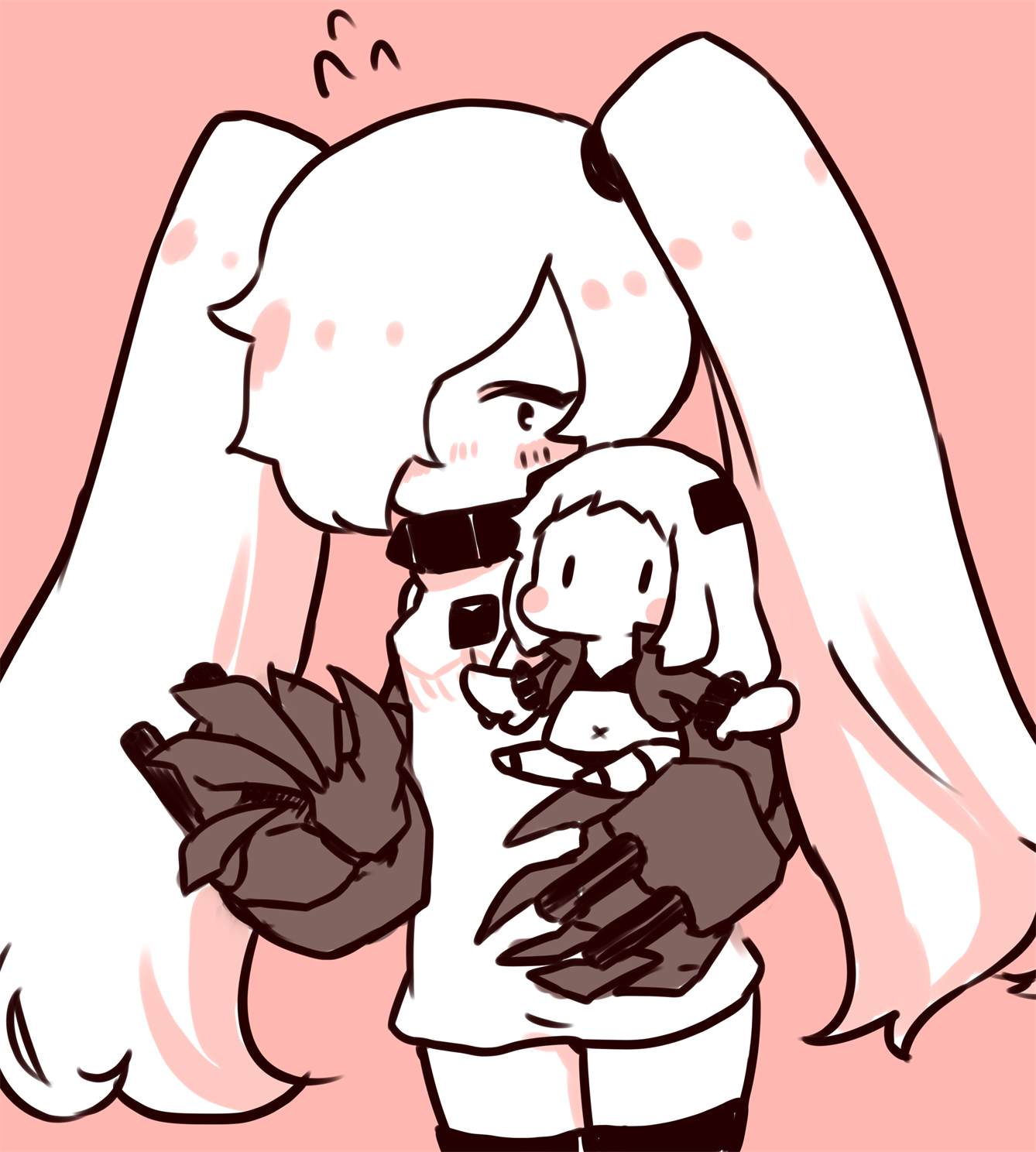2girls abyssal_ship ahoge alternate_costume bikini carrying chibi cosplay costume_switch female_focus gauntlets hair_over_one_eye highres horns jacket kantai_collection kobone limited_palette long_hair machinery mittens monochrome multiple_girls navel northern_ocean_hime_(cosplay) northern_ocean_princess ship_turret simple_background sketch southern_ocean_oni southern_ocean_oni_(cosplay) swimsuit thighhighs twintails very_long_hair zettai_ryouiki |_|