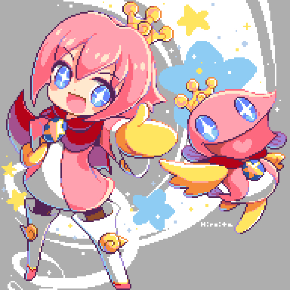 2boys :d androgynous artist_name black_pantyhose blue_eyes boots bright_pupils cape chibi chibi_only coat comparison crown dot_nose dual_persona fish_boy full_body grey_background hand_on_own_hip hand_up happy heart heart_in_mouth hiroita jumping legs_apart long_sleeves male_focus midair mini_crown mittens multicolored_coat multiple_boys ocean_prince open_hand open_mouth outstretched_arm pantyhose pink_coat pink_hair pixel_art puyopuyo puyopuyo_fever_2 red_cape salde_canarl_shellbrick_iii short_hair sidelocks smile standing star-shaped_pupils star_(symbol) symbol-shaped_pupils thigh_boots two-tone_coat white_coat white_footwear white_pupils yellow_mittens