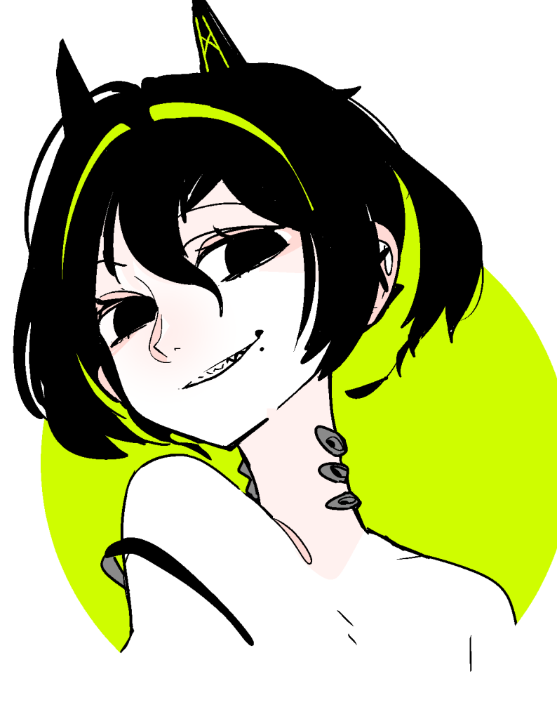 1girl animal_ears black_eyes black_hair cat_ears colored_inner_hair colored_skin completely_nude ear_piercing green_hair grin hair_between_eyes idkuroi kokubunji_suou looking_at_viewer mechanical_ears medium_hair mole mole_under_mouth multicolored_hair nude original piercing portrait sharp_teeth smile solo teeth upper_body white_skin
