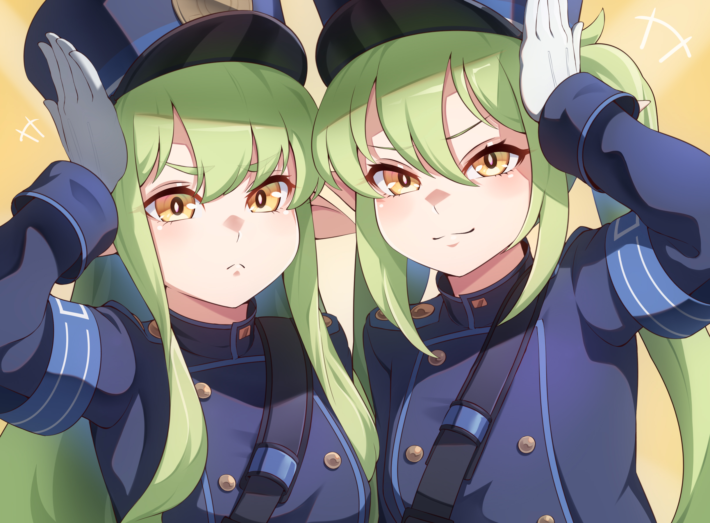 +++ 2girls :< arm_up armband blue_archive blue_armband buttons closed_mouth commentary_request double-breasted frown gloves green_hair hair_between_eyes hat highres hikari_(blue_archive) long_hair looking_at_viewer multiple_girls nozomi_(blue_archive) peaked_cap pointy_ears siblings sidelocks sisters smirk thick_eyebrows twins twintails upper_body vilde_loh_hocen white_gloves yellow_background yellow_eyes