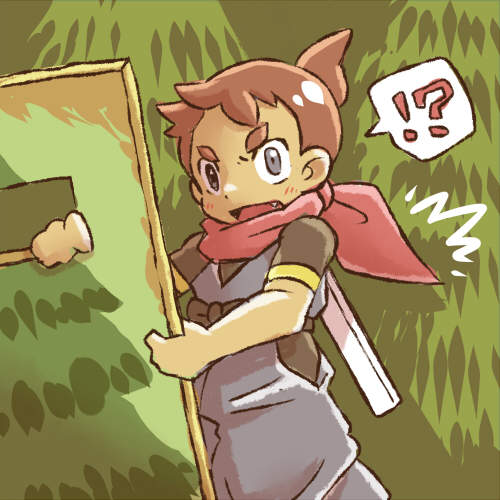 !? 1boy bow-wow brown_hair fang grey_eyes holding holding_shield japanese_clothes looking_at_viewer lowres male_focus ninja_boy_(pokemon) nintendo open_mouth outdoors pine_tree pokemon pokemon_oras shield short_hair short_sleeves solo speech_bubble surprised sword sword_on_back tree weapon weapon_on_back