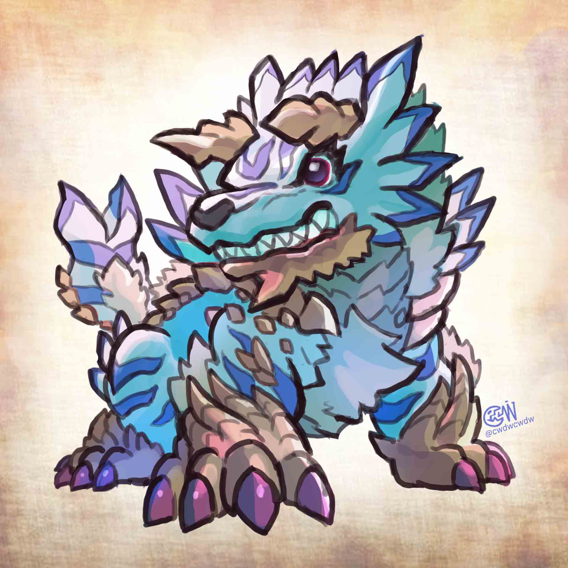blue_fur body_fur brown_background chibi colored_skin cwdw digimon digimon_(creature) full_body highres horns monster_hunter_(series) no_humans red_eyes sharp_teeth solo teeth wolf yellow_skin zinogarurumon