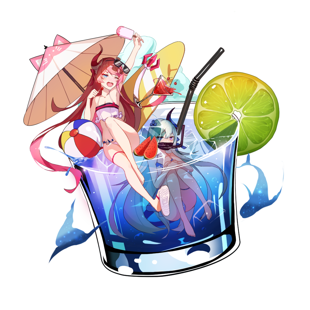 2girls ball beach_umbrella beachball bikini blue_eyes blue_hair cup drinking_glass drinking_straw food fruit holding holding_food holding_ice_cream holding_popsicle honkai_(series) honkai_impact_3rd horns ice ice_cream ice_cube lemon lemon_slice liliya_olenyeva long_hair looking_at_viewer miniature minimized multiple_girls one_eye_closed open_mouth partially_submerged pink_hair popsicle rozaliya_olenyeva single_horn smile spilling surfboard swimsuit tail transparent_background umbrella water watermelon watermelon_slice