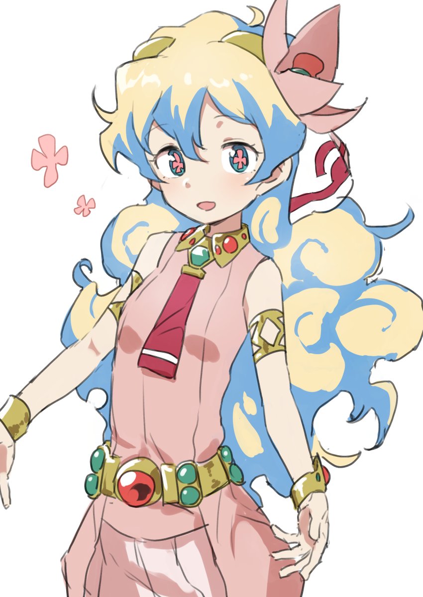 +_+ 1girl :d armlet bare_shoulders blonde_hair blue_eyes blue_hair bracelet dress gazacy_(dai) hair_between_eyes highres jewelry long_hair looking_at_viewer multicolored_hair nia_teppelin open_mouth pink_dress sleeveless sleeveless_dress smile solo symbol-shaped_pupils tengen_toppa_gurren_lagann two-tone_hair white_background