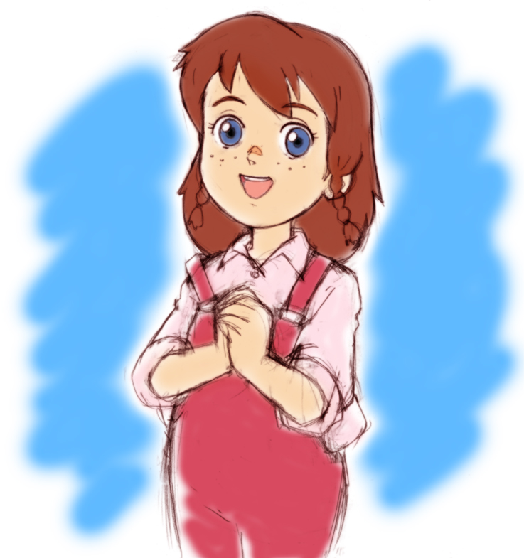 1girl :d ai_shoujo_pollyanna_monogatari blue_eyes braid brown_hair child cowboy_shot female_focus freckles official_style omoi-do open_mouth own_hands_together pollyanna_whittier retro_artstyle short_hair sketch smile solo twin_braids world_masterpiece_theater