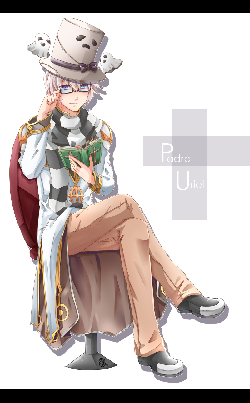 1boy black-framed_eyewear black_bow black_scarf black_shoes blue_eyes book bow brown_pants chair closed_mouth coat commentary cross_of_prontera english_commentary full_body glasses gold_trim grey_hat hat hat_bow high_priest_(ragnarok_online) highres himitsu_(dark_nao) holding holding_book host letterboxed looking_at_viewer male_focus open_book pants ragnarok_online scarf sheet_ghost shoes short_hair simple_background sitting smile solo striped_clothes striped_scarf top_hat whisper_(ragnarok_online) white_background white_coat white_hair white_scarf