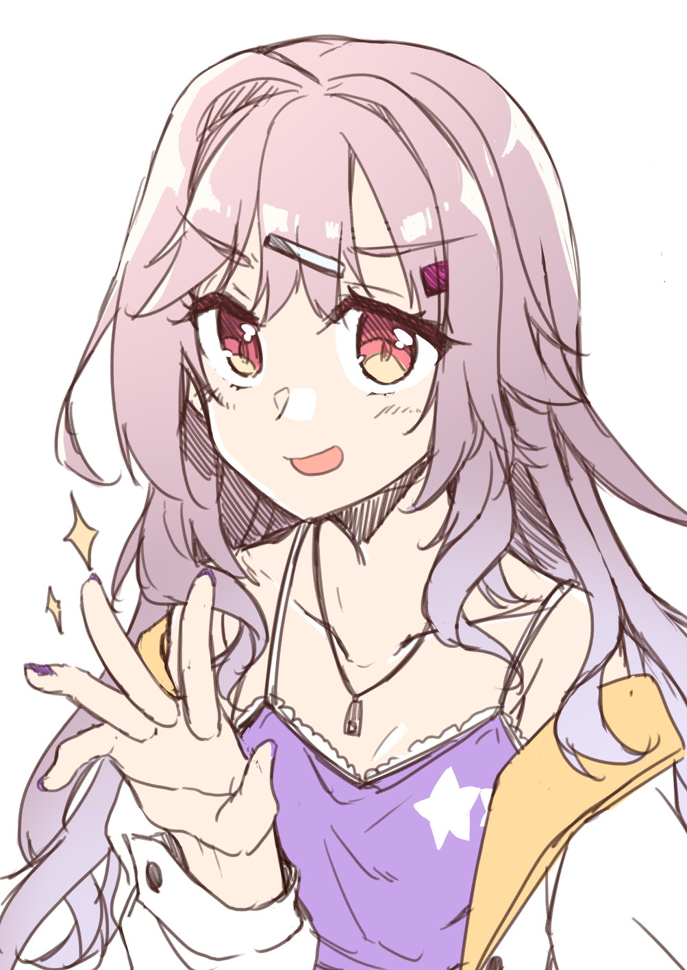 &gt;:) 1girl artist_name breasts camisole casual cleavage collarbone double-parted_bangs eyelashes grey_hair hair_ornament hairclip hand_up highres jacket jewelry kinoshita_kaede light_blush long_hair long_sleeves looking_at_viewer necklace off_shoulder open_clothes open_jacket open_mouth oruto_(ort+) purple_camisole red_eyes sidelocks simple_background small_breasts smile smirk solo sparkle tenshi_souzou_re-boot! upper_body upturned_eyes v-shaped_eyebrows waving wavy_hair white_background white_jacket
