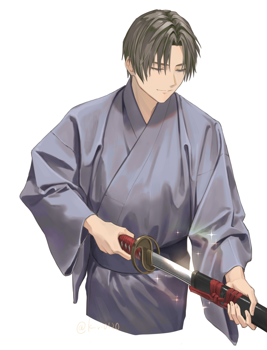 1boy brown_hair closed_eyes commentary_request cropped_legs drawing_sword grey_kimono heshikiri_hasebe holding holding_sword holding_weapon japanese_clothes kimono light_smile male_focus mint_(kiri0120) simple_background smile solo sparkle sword touken_ranbu weapon white_background yukata