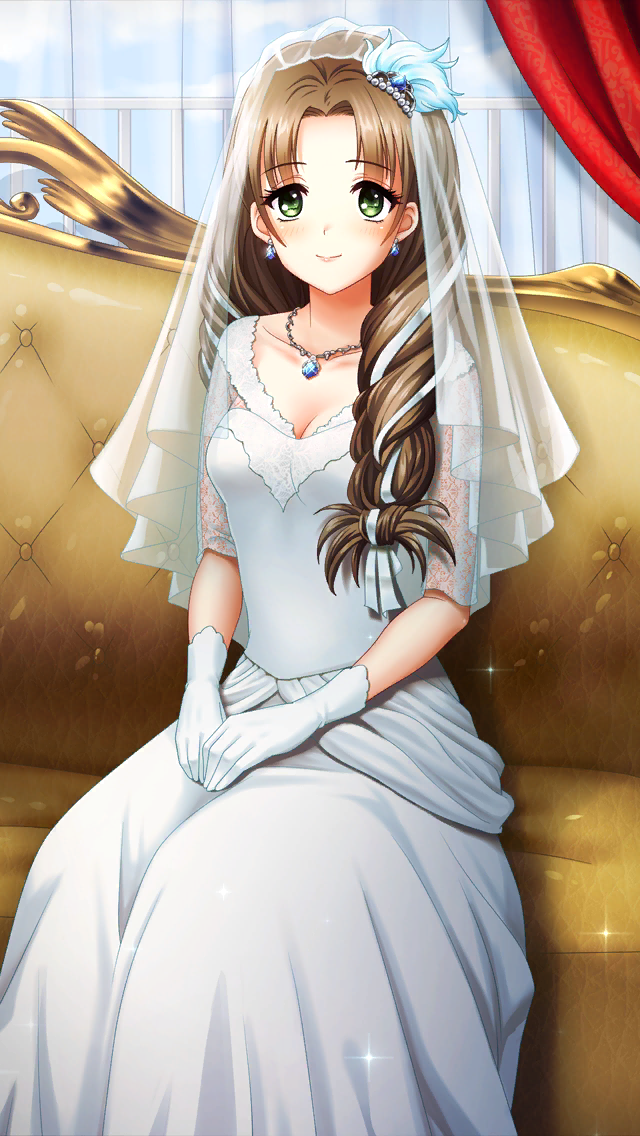 1girl breasts bridal_veil brown_hair cleavage closed_mouth collarbone doukyuusei_(series) doukyuusei_2 doukyuusei_another_world dress earrings game_cg gloves green_eyes hair_intakes hair_over_shoulder hair_ribbon jewelry long_dress long_hair looking_at_viewer medium_breasts official_art pendant ribbon sitting smile solo sugimoto_sakurako veil very_long_hair wedding_dress white_dress white_gloves white_ribbon