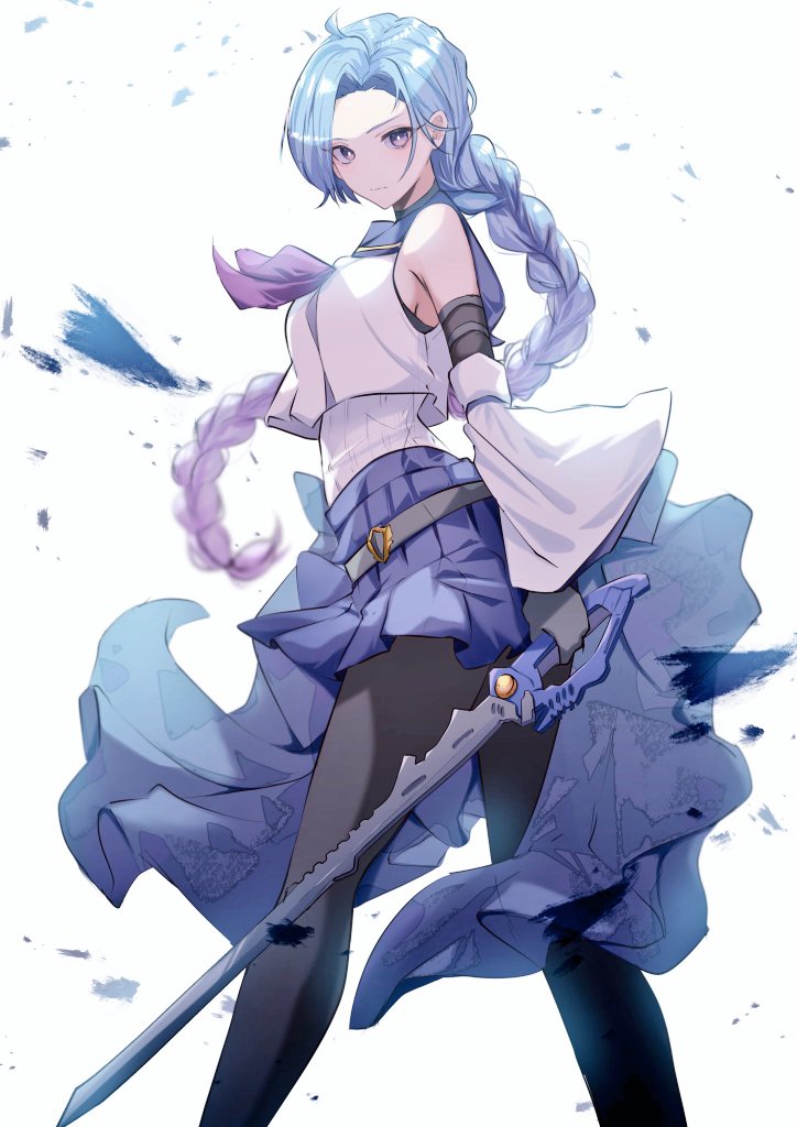 1girl ahoge assault_lily bare_shoulders belt black_belt black_pantyhose blue_hair blue_sailor_collar blue_skirt blurry braid braided_ponytail breasts bright_pupils closed_mouth commentary_request crop_top debris depth_of_field detached_sleeves feet_out_of_frame floating_hair gloves grey_gloves holding holding_sword holding_weapon houji_tea_latte igusa_subaru layered_sleeves legs_apart long_hair long_sleeves looking_at_viewer low_ponytail medium_breasts miniskirt neckerchief odaiba_girls_high_school_uniform pantyhose parted_bangs pleated_skirt ponytail purple_eyes purple_neckerchief ribbed_shirt sailor_collar school_uniform serafuku shirt simple_background single_braid skirt sleeveless sleeveless_shirt solo standing sword undershirt very_long_hair weapon white_background white_pupils white_shirt wide_sleeves