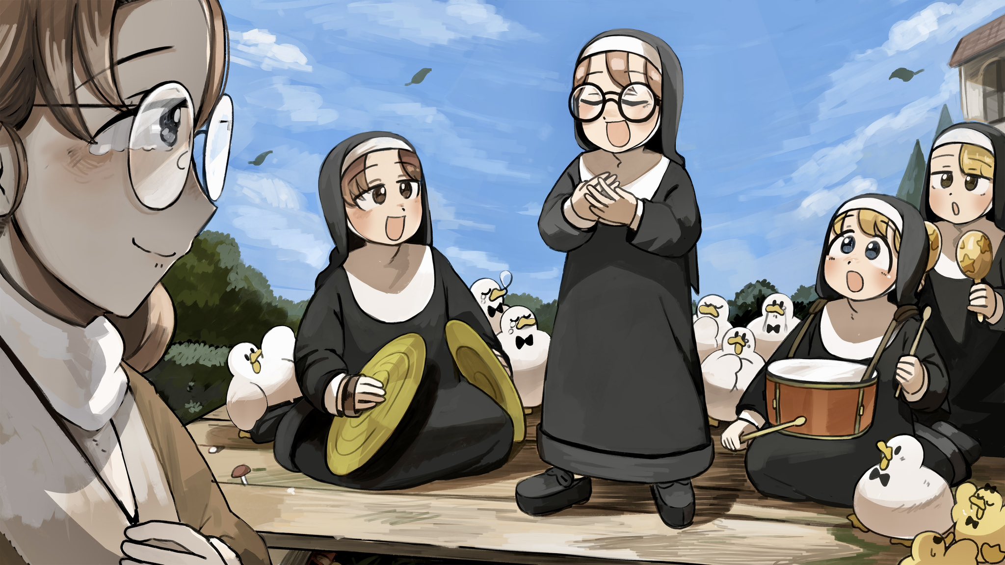 5girls :d aged_down baby_animal bird black_footwear blonde_hair blue_eyes brown_eyes brown_hair chicken closed_eyes clumsy_nun_(diva) commentary cymbals diva_(hyxpk) drum drumsticks duck duckling english_commentary glasses glasses_nun's_mother_(diva) glasses_nun_(diva) highres holding holding_instrument holding_maracas hungry_nun_(diva) instrument little_nuns_(diva) maracas multiple_girls music nun open_mouth outdoors round_eyewear singing smile spicy_nun_(diva) traditional_nun yellow_eyes