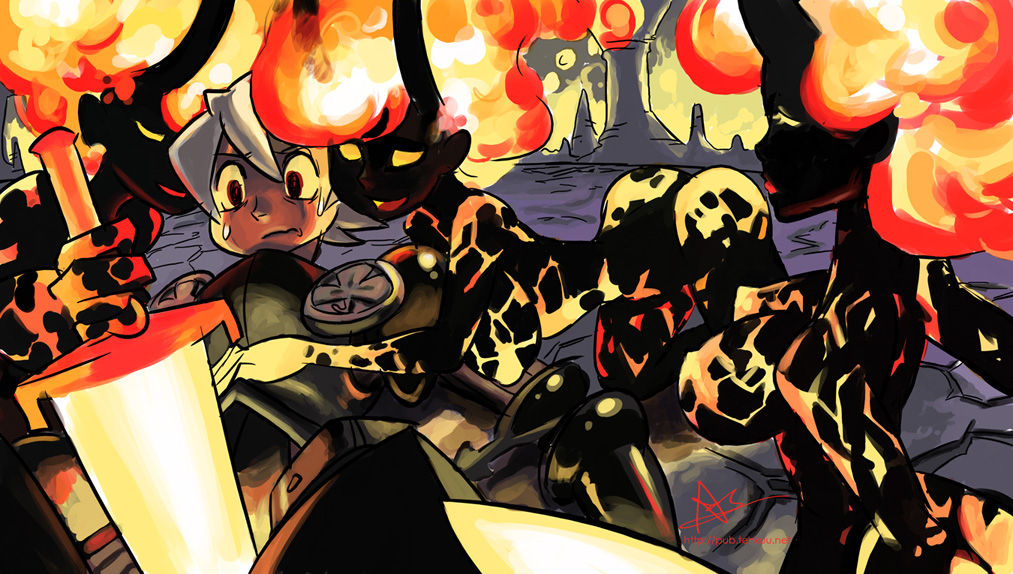 1boy 3girls alex_ahad ass breasts dark_skin demon_girl fire glowing glowing_sword glowing_weapon large_breasts multiple_girls odin_sphere oswald red_eyes sweatdrop sword vulcan_(odin_sphere) watermark weapon web_address you_gonna_get_raped