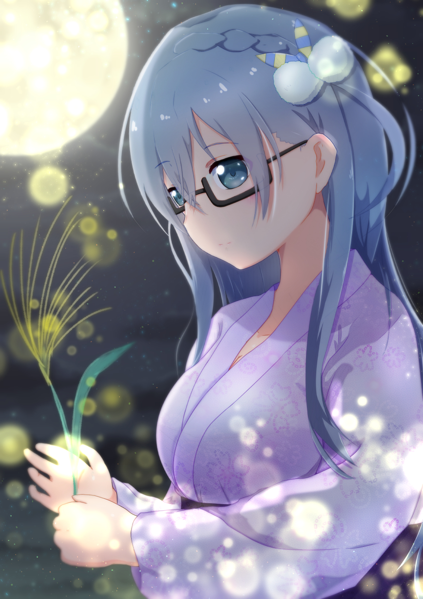 1girl 22/7 black-framed_eyewear black_sash blue_eyes blue_hair blurry bow braid depth_of_field floral_print floral_print_kimono from_side full_moon furoggu-gaburi hair_bow hair_ornament highres japanese_clothes kimono lens_flare light_blue_hair light_particles long_hair maruyama_akane moon night night_sky print_kimono purple_kimono rectangular_eyewear sash semi-rimless_eyewear single_braid sky solo susuki_grass tsukimi under-rim_eyewear upper_body